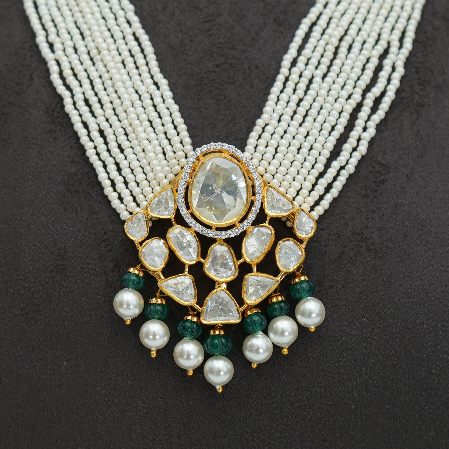 925 Silver Open-Polki Pendent Set with Green Semi-precious stone