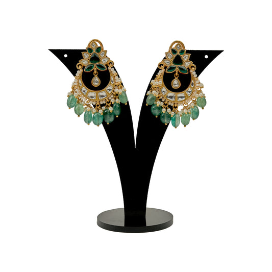 925 Silver chand-bali with 24k gold-plating, emerald-green drops