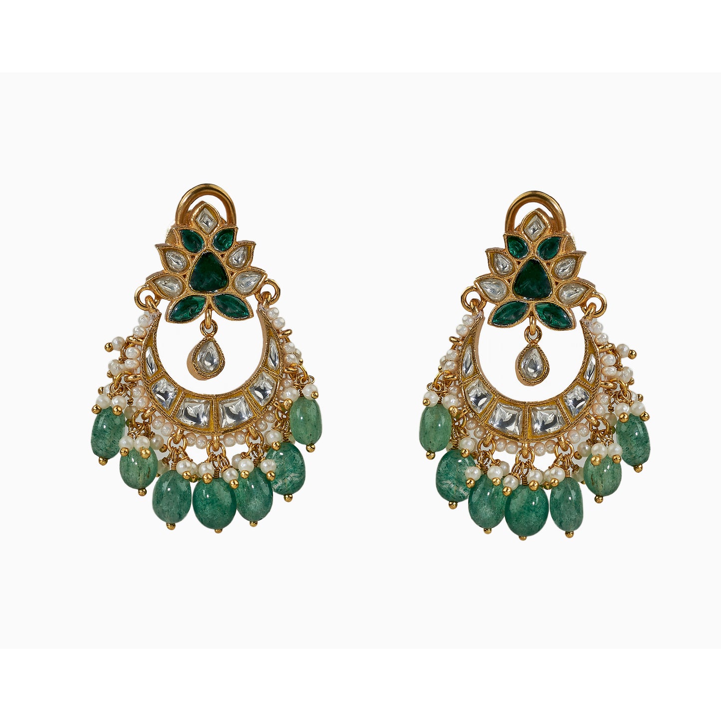 925 Silver chand-bali with 24k gold-plating, emerald-green drops